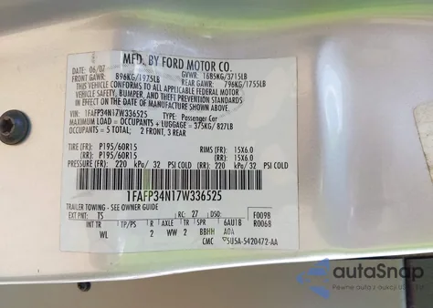 2007 Ford Focus S/Se/Ses z USA, uszkodzony, nr VIN 1FAFP34N17W336525